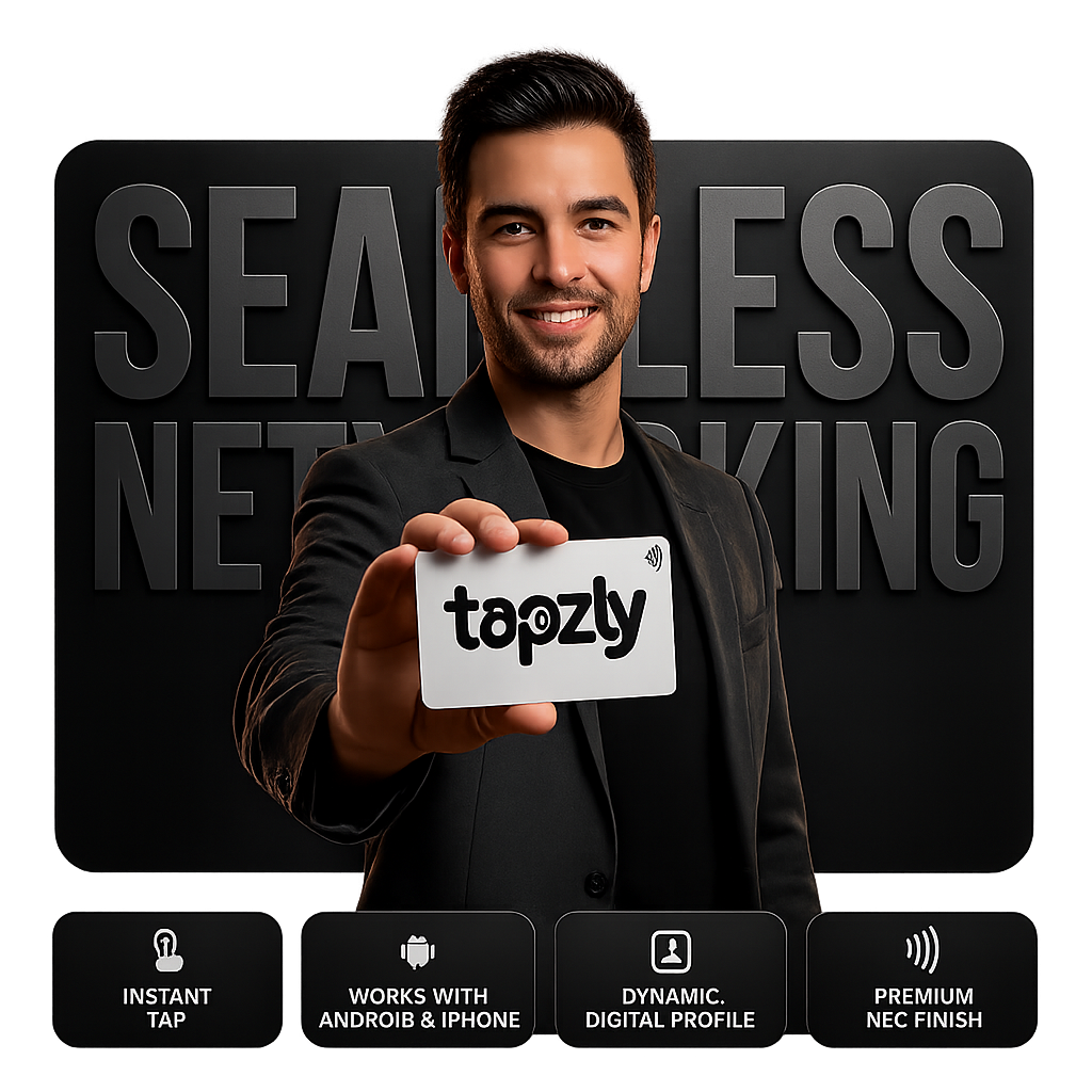 Hold up your Tapzly card for instant tap, works with Android and iPhone, dynamic digital profile, premium NFC finish